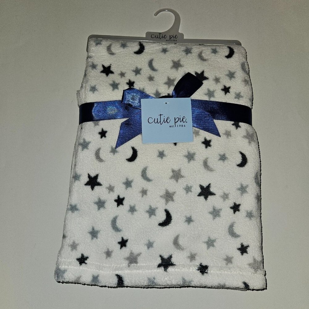 NEW Cutie Pie Gray Stars Moons White Fleece Baby Blanket Lovey 30" x 36"
